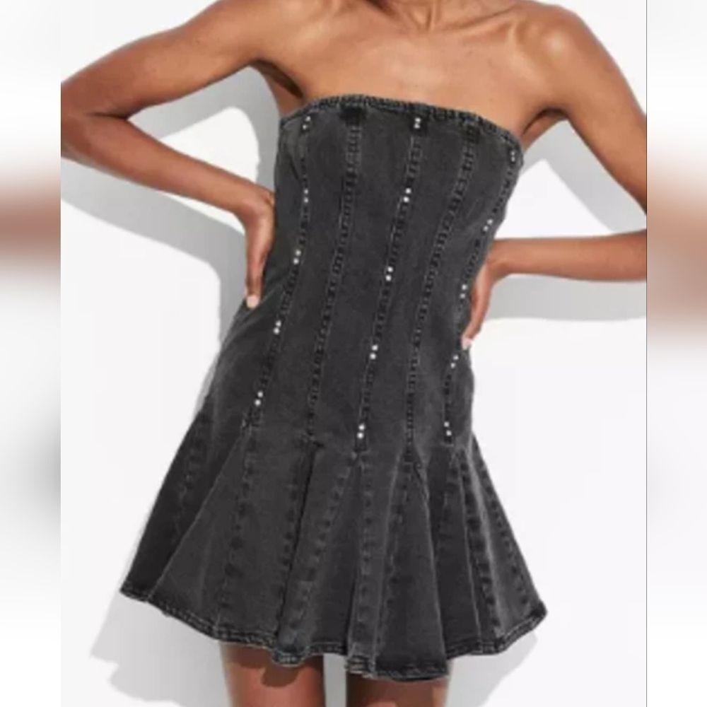 Wild Fable Black Denim Strapless Pleated Mini A-Line Dress - NWT